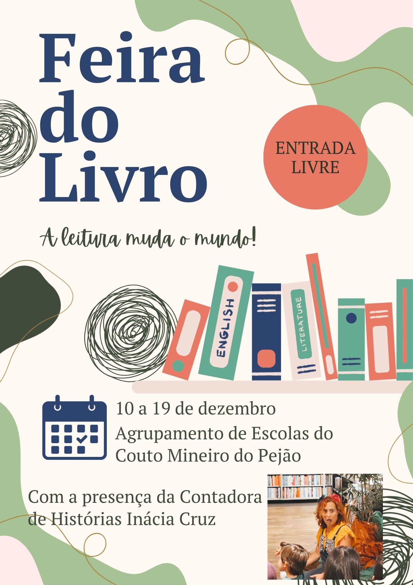 green and cream illustrative book fair flyer
